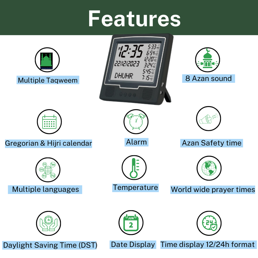 AzanClk Square Wall and Table Automatic Islamic Azan Athan Prayer Clock for USA and Canada with 8 Azan Sound and LCD Digital Display (Black)