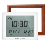 Alfajr CF-19 Azan Clock (White) with Detachable Solid Wood Frame (Reddish Brown)