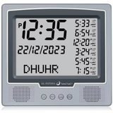 AzanClk Square Wall and Table Automatic Islamic Azan Athan Prayer Clock for USA and Canada with 8 Azan Sound and LCD Digital Display (Silver)