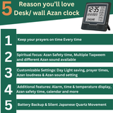 AzanClk Square Wall and Table Automatic Islamic Azan Athan Prayer Clock for USA and Canada with 8 Azan Sound and LCD Digital Display (Black)